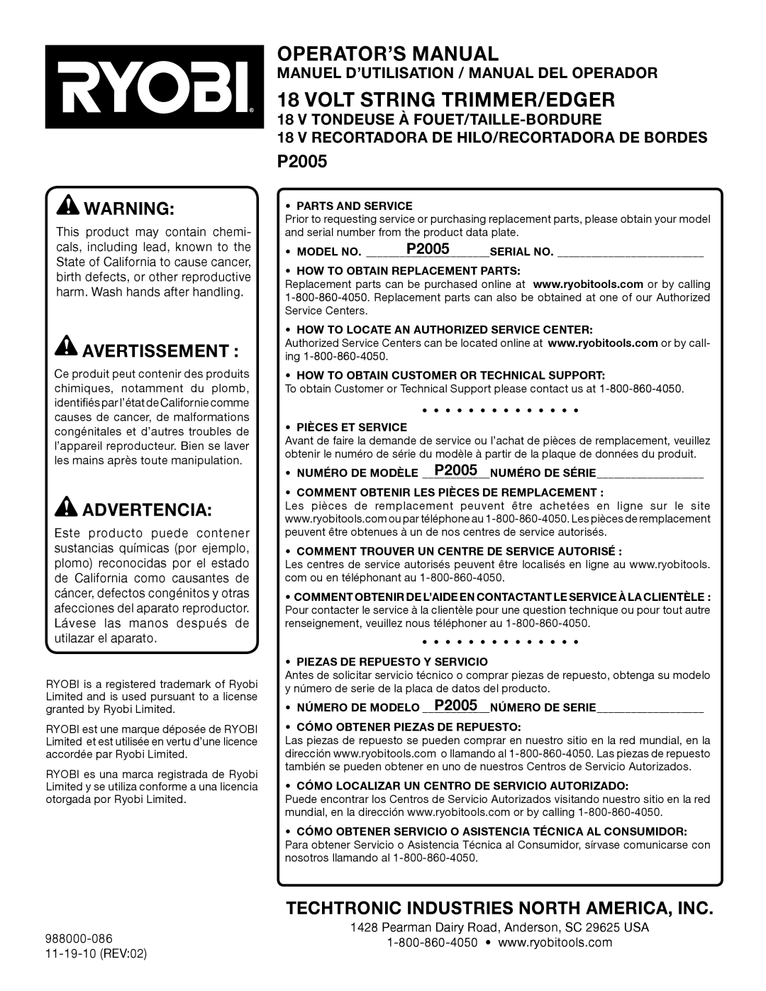 Ryobi P2005 manuel dutilisation Operator’S Manual, Volt String Trimmer/Edger, Avertissement , Advertencia 